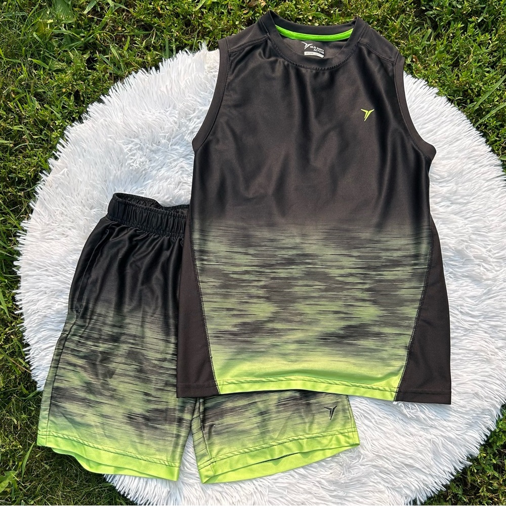 🩶5/$30 Old Navy Active Boys Black & Neon Yellow Green Short & Sleeveless Top Set